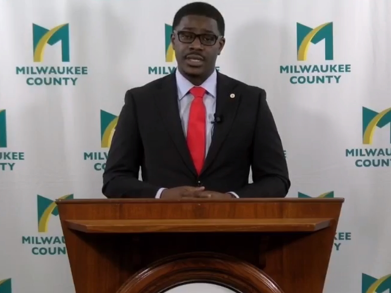 Milwaukee County Executive David Crowley giving the 2022 State of the County Address. Screenshot from livestream.