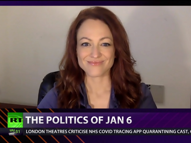 Jennifer DeMaster appearing on Russia Today's Crosstalk. Screenshot from Youtube.