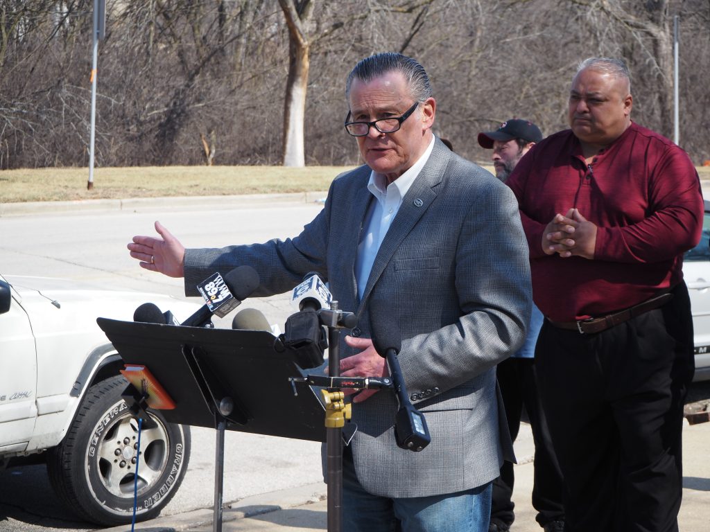 Robert Donovan unveils vehicle theft strike force at press conference. Photo by Jeramey Jannene.