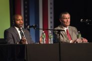 Milwaukee mayoral candidates Cavalier Johnson, left, and Bob Donovan, right, participate in a forum Wednesday, March 16, 2022, in Milwaukee, Wis. Angela Major/WPR