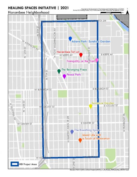 A map of the proposed locations for Healing Spaces in Milwaukee’s Harambee neighborhood. Map from the City of Milwaukee.