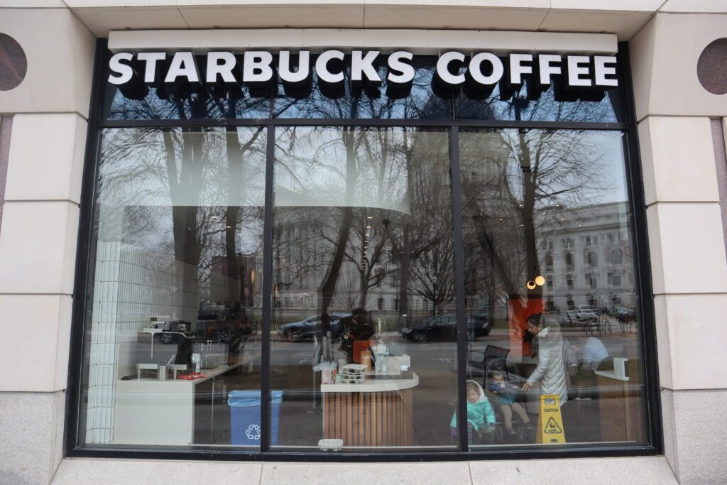 Starbucks Coffee’s store at 1 E. Main St. in Madison is the third in Wisconsin where employees have filed a petition for a union election. Photo by Isiah Holmes/Wisconsin Examiner.