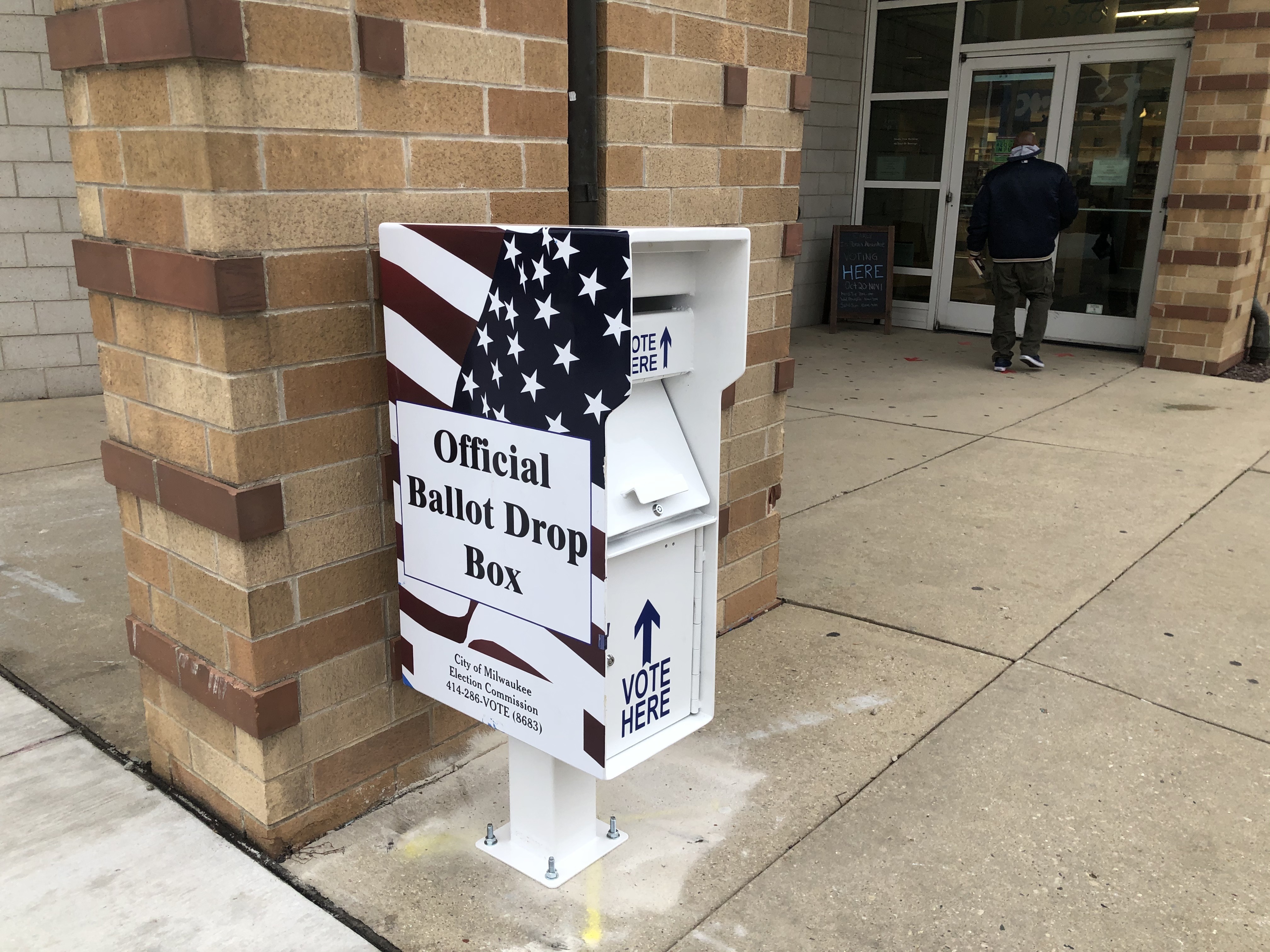 A ballot drop box outside the Bay View Library. Photo by Jeramey Jannene.
