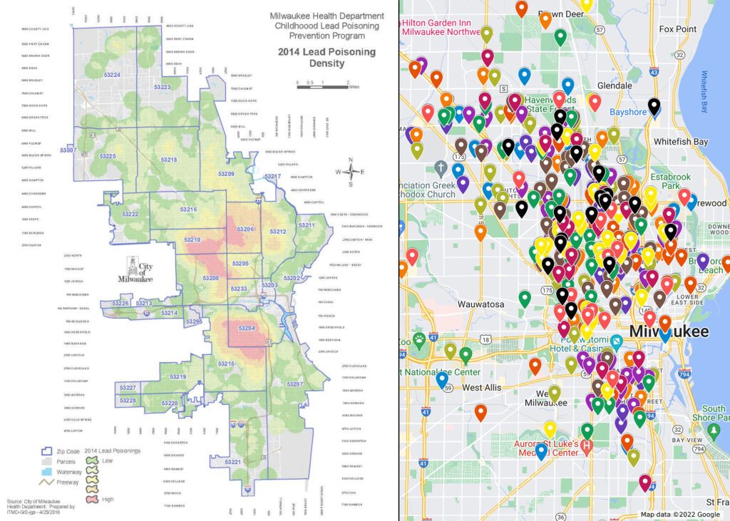 The map on the left shows childhood lead poisoning density in Milwaukee during 2014. The map on the right is a the Wisconsin Examiner’s interactive map of homicides in Milwaukee County from 2020 to 2021. (Wisconsin Examiner)