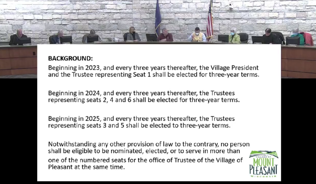 At a Jan. 24 meeting, the Mount Pleasant Village Board voted to extend its term lengths from two years to three. Monday the board repealed the change. Screenshot from the Village of Mount Pleasant.