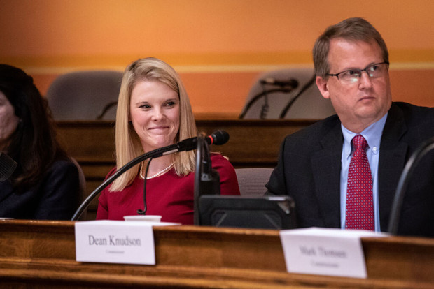 Wisconsin Elections Commission Administrator Meagan Wolfe, left, is seen during a September 2018 meeting of the Elections Commission with Commissioner Dean Knudson. (Emily Hamer / Wisconsin Watch)