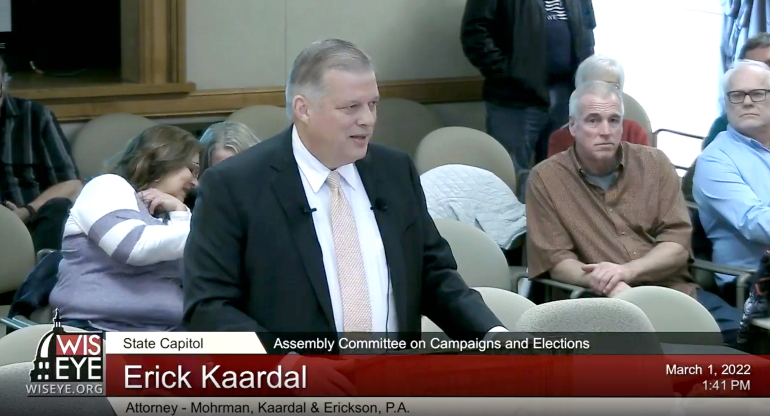 Erick Kaardal delivers remarks to members of the Wisconsin Assembly elections committee at the State Capitol in Madison, Wis., on March 1, 2022. Kaardal and the nonprofit law firm, Thomas More Society, are playing unofficial but central roles in the ongoing investigation into Wisconsin’s 2020 presidential election. (Screenshot via WisEye)