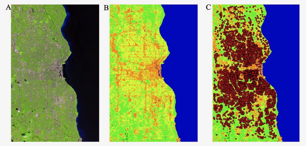 The first image (from left) shows a satellite image of Milwaukee County. The second one illustrates the differences in Milwaukee green space, with areas in orange and yellow showing fewer green spaces. The third image shows the location of the study’s participants. Photo provided by the Journal of Patient-Centered Research and Reviews/NNS.
