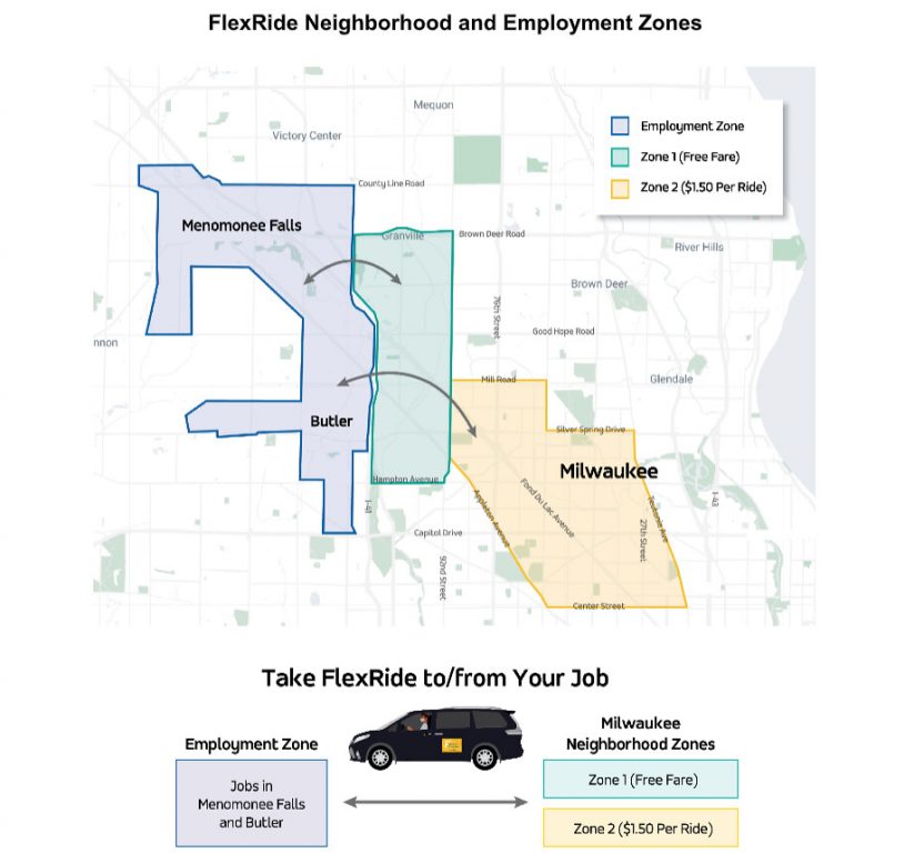 FlexRide Milwaukee now offers pickups and drop-offs in designated zones. Map provided by FlexRide Milwaukee/NNS.