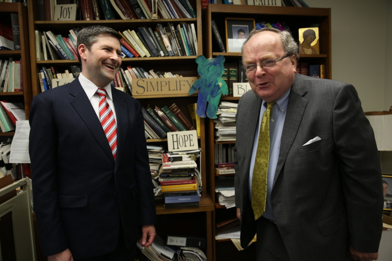 Attorneys for the Thomas More Society, Peter Breen, vice president and senior counsel, and Thomas Brejcha, president and chief counsel, pose in their Chicago offices on July 10, 2013. The Thomas More Society is playing a central but unofficial role in the investigation into Wisconsin’s 2020 presidential election. (Nancy Stone / Chicago Tribune) 