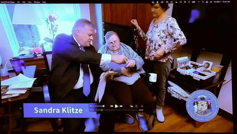 Erick Kaardal interviews nursing home resident Sandra Klitzke in this WisEye video played at a March 1, 2022 Wisconsin Assembly elections committee hearing. Klitzke’s last name is misspelled on the video. (Screenshot from WisEye)