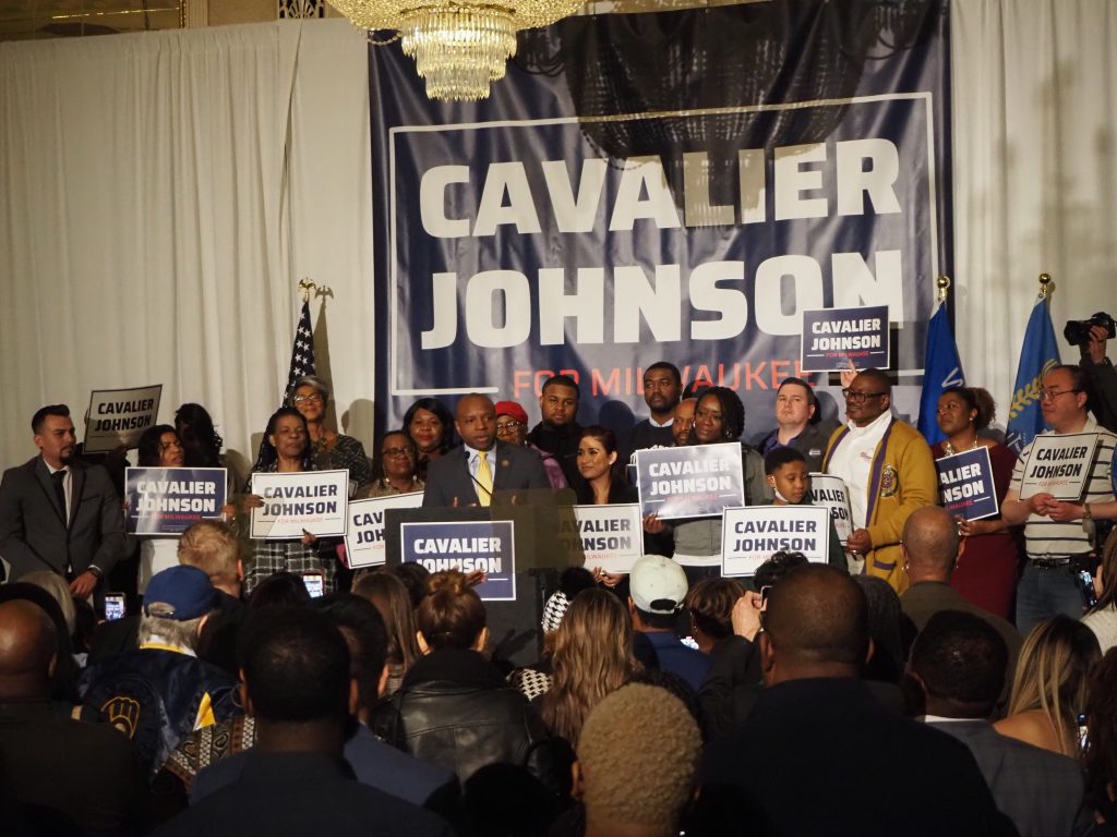 Mayor Cavalier Johnson speaks to the crowd after winning a special election. Photo by Jeramey Jannene.