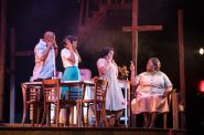 (l. to r.) J. Daughtry (Walter Lee Younger), Camara Stampley (Beneatha Younger), Melanie Loren (Ruth Younger) and Wydetta Carter (Lena Younger (Mama)) in Skylight Music Theatre’s production of Raisin running April 8-24, 2022. Photo by Ross Zentner.