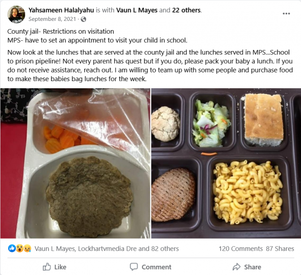 A screenshot of a social media post comparing MPS lunch food on the leftwith more attractive jail food on the right. Screenshot from Facebook.