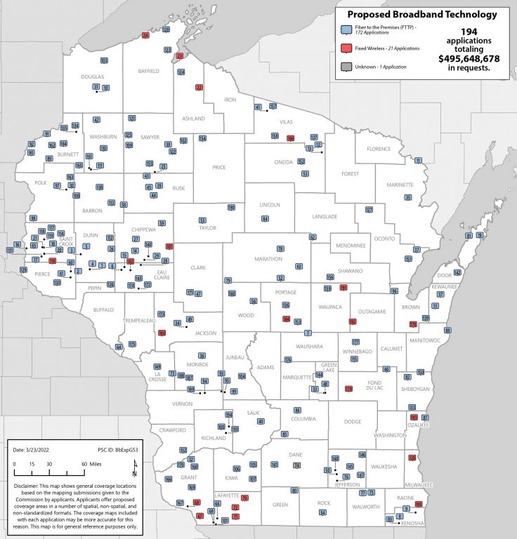 A map from the Wisconsin PSC documenting all the requests for broadband expansion grants in the current round.