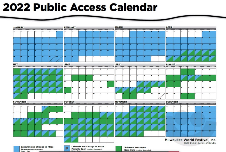2022 public access calendar for Northwestern Mutual Community Park. Image from Milwaukee World Festival.