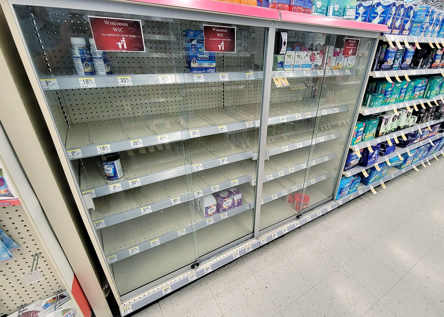 Shelves are bare at locations where people normally receive baby formula, like this Walgreens located on Milwaukee’s South Side. Photo by Matt Martinez/NNS.