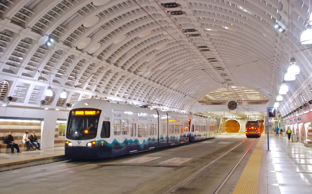 A southbound Link light rail train at Pioneer Square station on July 24, 2009. Photo by Steve Morgan, CC BY-SA 4.0 , via Wikimedia Commons