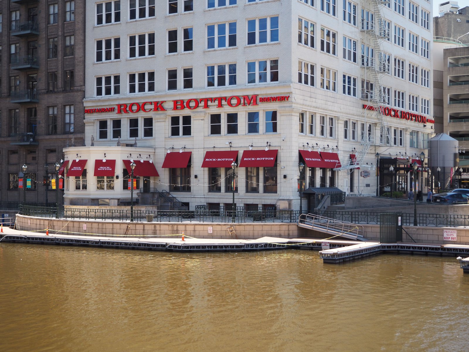 Rock Bottom Restaurant & Brewery is located on the Milwaukee Riverwalk. Photo taken May 12th, 2021 by Jeramey Jannene.