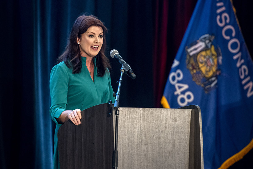 Rebecca Kleefisch speaks during a debate during her run for governor Monday, June 27, 2022, at Providence Academy in Green Bay, Wis. Angela Major/WPR