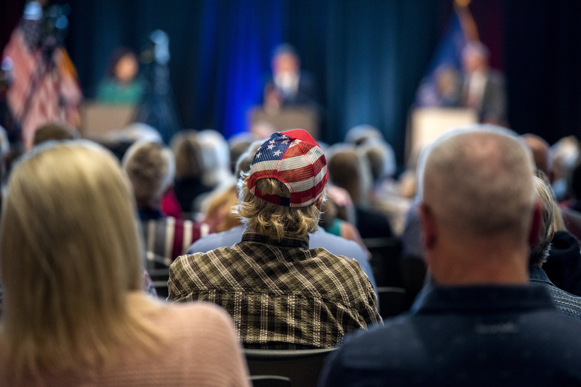 Attendees listen to Rebecca Kleefisch, Tim Ramthun and Kevin Nicholson during a candidate debate Monday, June 27, 2022, at Providence Academy in Green Bay, Wis. Angela Major/WPR
