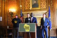 Rep. Supreme Moore Omukunde and Sen. Chris Larson announced a legislative package to address climate change and provide green energy jobs. Photo by Henry Redman/Wisconsin Examiner.