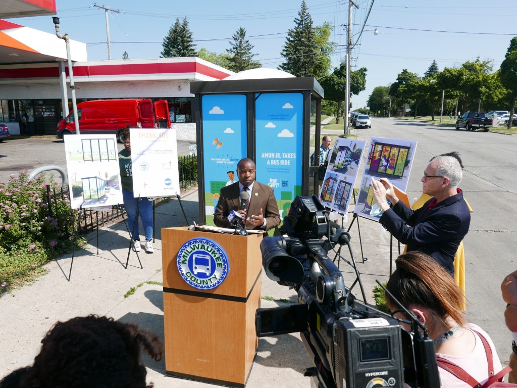 Mayor Cavalier Johnson speaks at the June 28, 2022 bus stop murals press conference. Photo by Graham Kilmer.