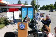 Mayor Cavalier Johnson speaks at the June 28, 2022 bus stop murals press conference. Photo by Graham Kilmer.