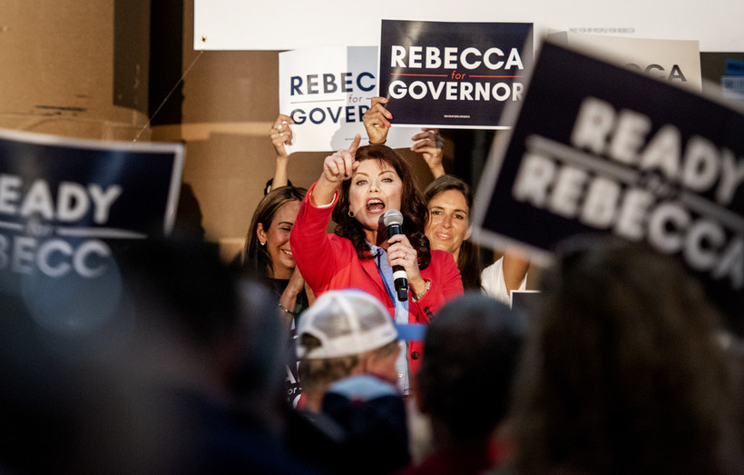 Former Lt. Gov. Rebecca Kleefisch points at the crowd while announcing her campaign for governor Thursday, Sept. 9, 2021, at Western States Envelope Company in Butler, Wis. Angela Major/WPR