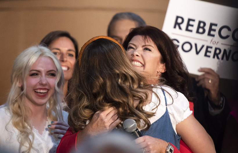 Former Lt. Gov. Rebecca Kleefisch is greeted by her daughters while announcing her campaign for governor Thursday, Sept. 9, 2021, at Western States Envelope Company in Butler, Wis. Angela Major/WPR