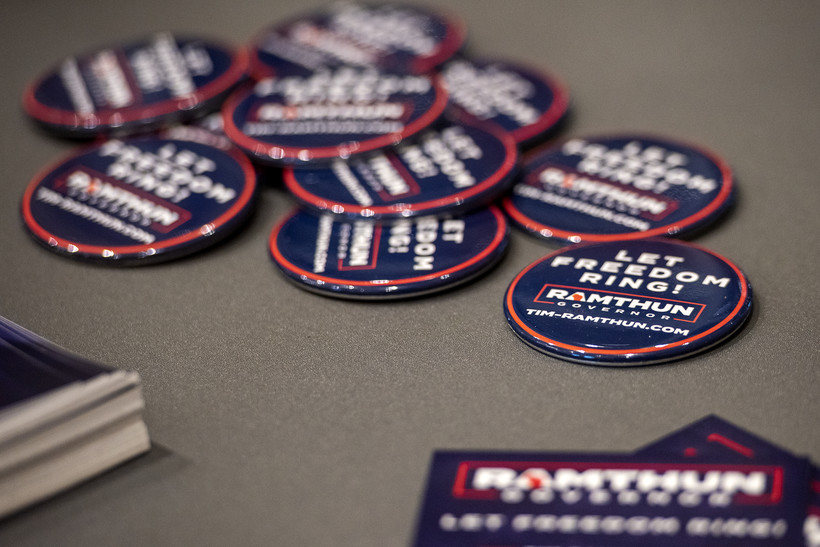 Buttons for Tim Ramthun are placed on a table outside of a debate for republican governor candidates Monday, June 27, 2022, at Providence Academy in Green Bay, Wis. Angela Major/WPR