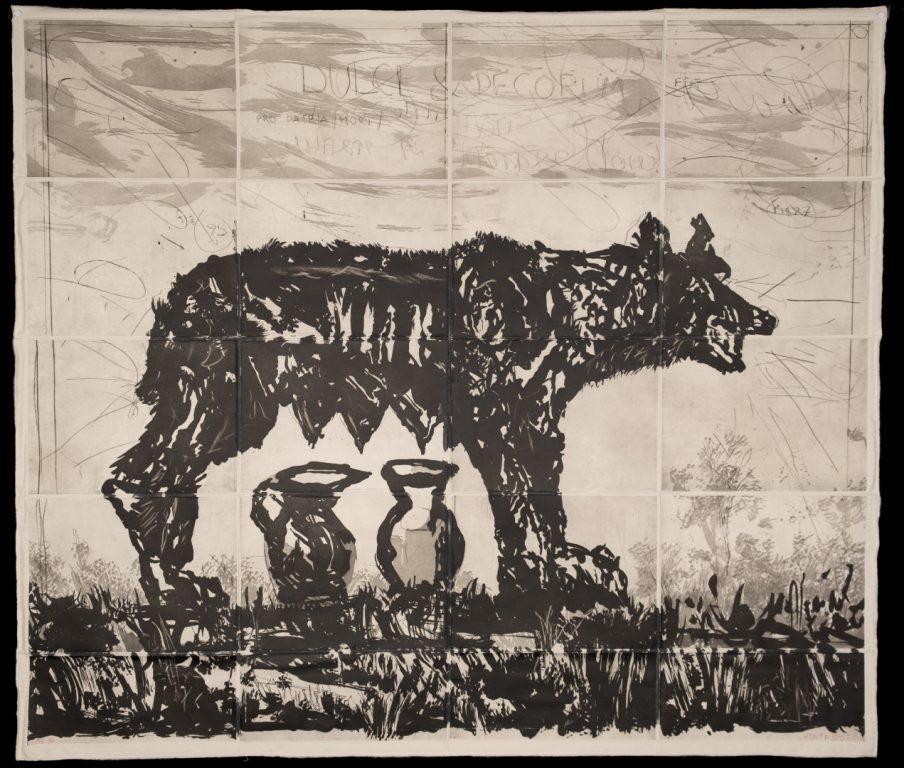 William Kentridge: She-Wolf and Jugs 2020. Etching on Phumani cotton and sisal handmade paper mounted on raw cotton cloth. Courtesy of the Serr and Shannon Collection/The Warehouse Art Museum.