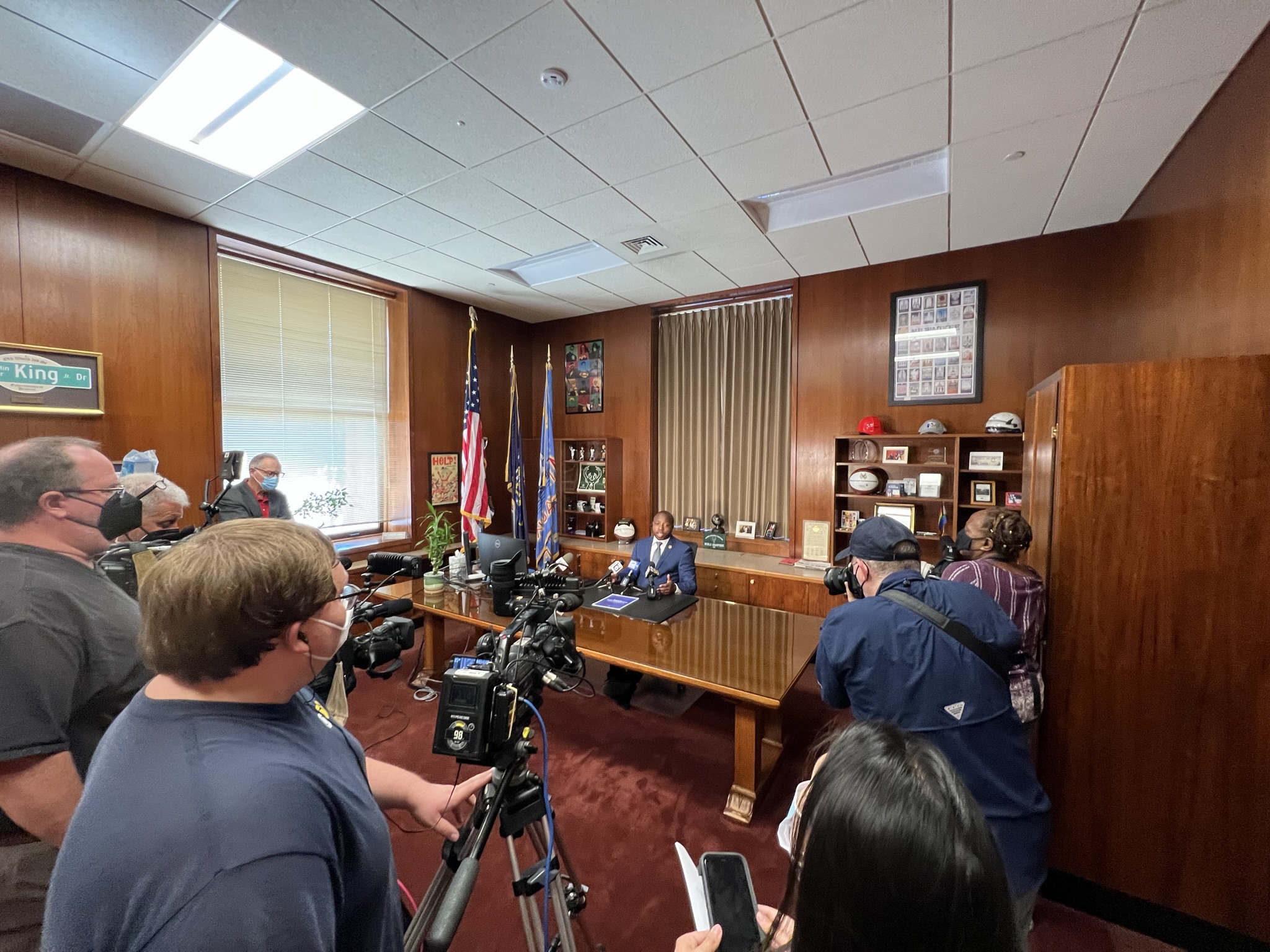 Mayor Cavalier Johnson addresses the media from his office. Photo by Jeramey Jannene.