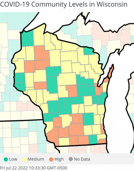 COVID community levels (orange) are listed as high in 16 Wisconsin counties, including the three most populous. Community levels were updated July 21. They reflect new COVID-19 cases per 100,000 population over seven days through Wednesday, July 20; new COVID-19 hospital admissions per 100,000 population over seven days; and percentage of inpatient beds occupied by COVID-19 patients (seven-day average) through Tuesday, July 19. Source: Centers for Disease Control and Prevention.