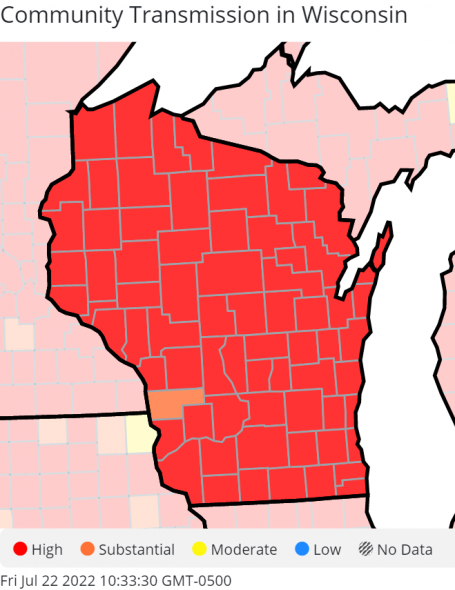 Community transmission for COVID-19 is high in all Wisconsin counties except one, La Crosse County, where it is substantial. The ratings combine a county’s rate of new cases over seven days through Wednesday, July 20, and the percentage of positive tests in the county over seven days through Monday, July 18. Source: Centers for Disease Control and Prevention.