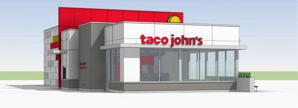 Rendering of new Taco John's restaurant. Rendering by Logic Design & Architecture.