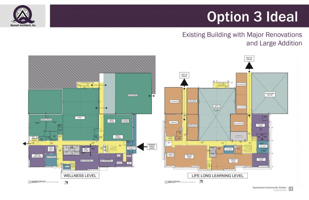 Preliminary floor plans for a renovated and expanded Kosciuszko Community Center.