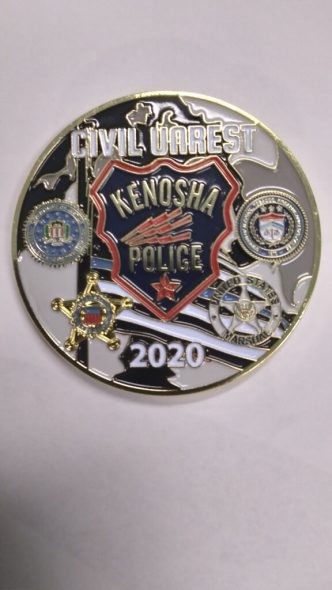 An example of a challenge coin distributed within the Kenosha Police Department following the unrest in August, 2020. Photo from the Kenosha Police Department.