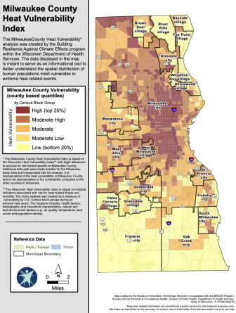 The Milwaukee County Heat Vulnerability Index, a color-coded map created by the Wisconsin Department of Health Services considers a range of demographic, health, household and environmental factors to assess residents’ vulnerability to extreme heat. (Courtesy of Wisconsin Department of Health Services)