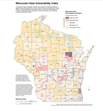 The Wisconsin Vulnerability Index shows that much of Milwaukee and Menominee Counties are particularly vulnerable to extreme heat due to a mix of demographic, health, household and environmental factors. (Wisconsin Department of Health Services) (Courtesy of Wisconsin Department of Health Services)