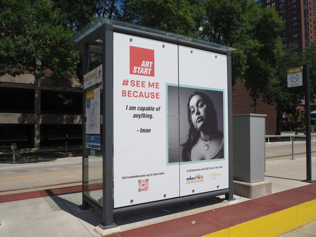 Art Start's See Me Because campaign at the Cathedral Square streetcar station. Photo by Jeramey Jannene.
