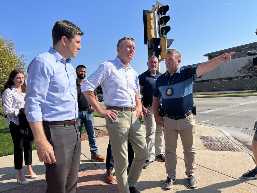 Tim Michels, Wisconsin's Republican Gubernatorial Candidate, toured an area of Kenosha that was impacted by protests following the police shooting of Jacob Blake in 2020. Evan Casey/WPR