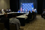 Former Vice President Mike Pence endorsed Rebecca Kleefisch for governor during a law enforcement roundtable in Pewaukee on Wednesday, August 3, 2022. Evan Casey/WPR