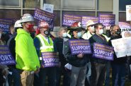 Firefighters, construction workers and other union members rallied in March 2021 to support nurses who were negotiating a new contract at Meriter hospital in Madison. Photo by Erik Gunn/Wisconsin Examiner.