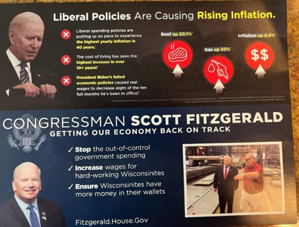 The reverse side of a constituent mailing from U.S. Rep. Scott Fitzgerald, photographed for an ethics complaint that was filed against Fitzgerald over the use of the taxpayer-funded mailing privilege for campaign messaging. Photo provided by Van Someren for Congress.