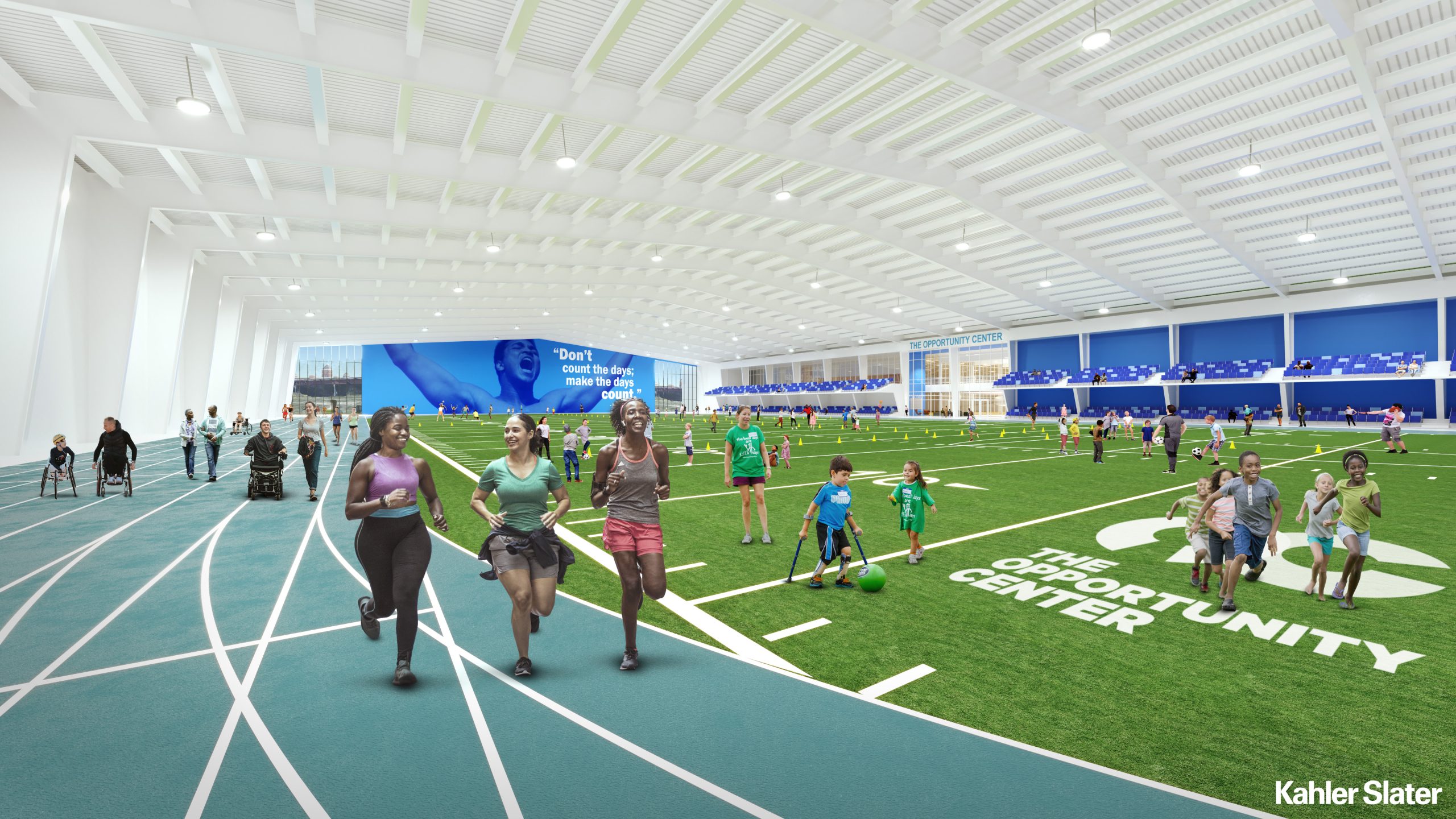 The Opportunity Center track and field facility. Rendering by Kahler Slater.