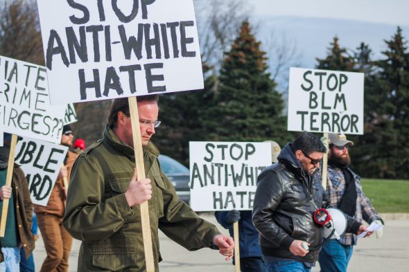 Patriot Front and the National Justice Party protesters Waukesha. Photo by Patriot Front leaks, Unicorn Riot/Wisconsin Examiner.