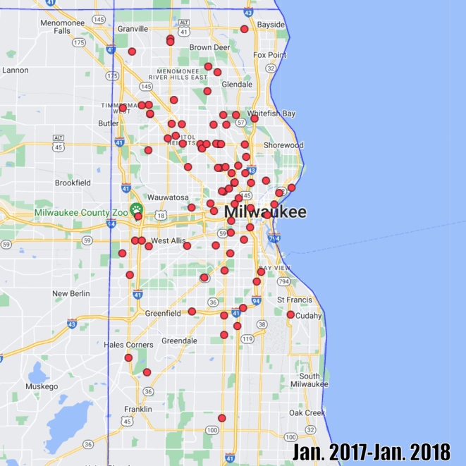 This gif shows the locations of recent traffic deaths in Milwaukee County, according to preliminary police crash reports compiled by the Wisconsin Department of Transportation and the University of Wisconsin-Madison — and plotted on a Google map. According to the data, at least 42 people died in traffic collisions along two highway stretches through the city of Milwaukee from January 2017 to July 2022. One highway is Fond du Lac Avenue, which is a part of State Highway 145 and runs northwest from downtown Milwaukee. The other is Capitol Drive, part of State Highway 190, which starts in Shorewood and runs west through Capitol Heights. (Screenshots from Wisconsin County Traffic Safety Commission Crash Mapping)