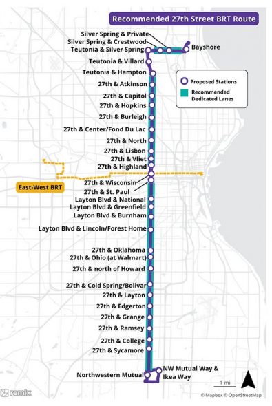 North-South BRT draft route. Image from SEWRPC.