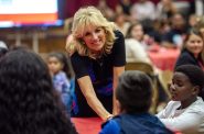 First lady Jill Biden greets students and parents at Westside Academy during their Homework Diner event Wednesday, Oct. 12, 2022, in Milwaukee, Wis. Angela Major/WPR